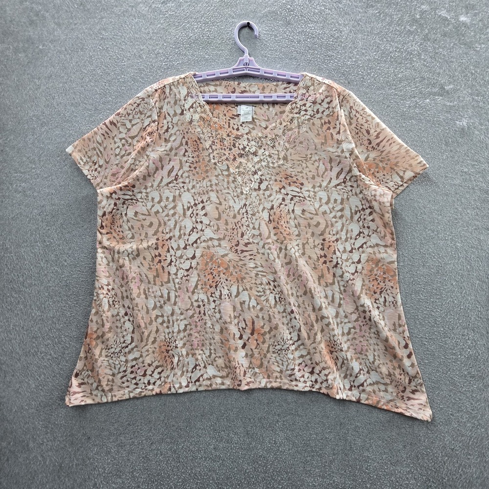 Alfred Dunner Women Blouse 2X Beige Animal Print Lace Beaded V-Neck Pullover